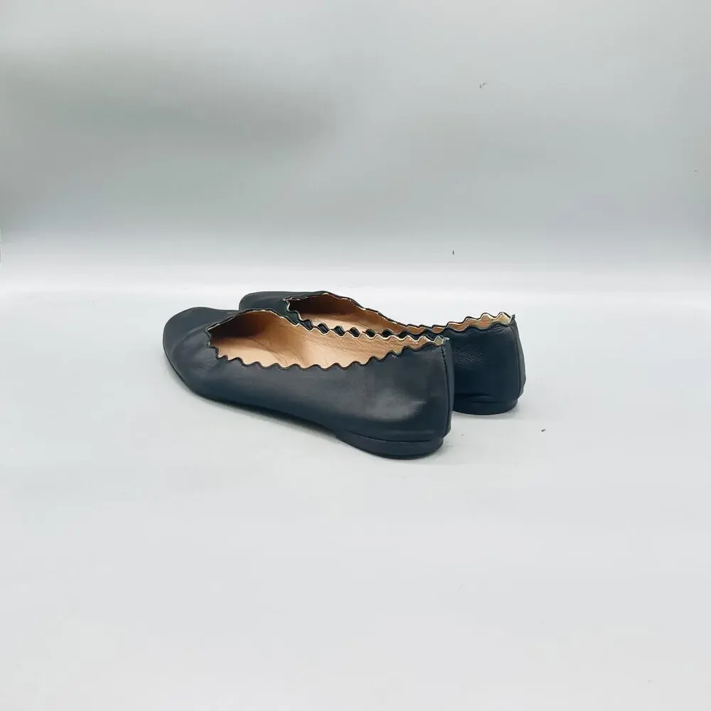 Chloe Shoes Womens 7 Black Leather Lauren Ballet Flats Scalloped Slip On Comfort